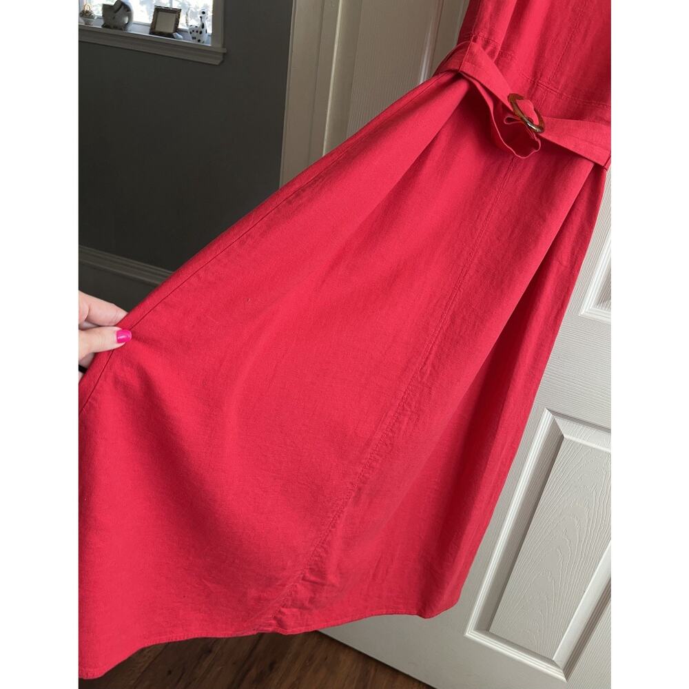 ANN TAYLOR LOFT 2024 Cherry Red Linen Blend Belted Flutter Sleeve Midi Dress 10 - Picture 5 of 14